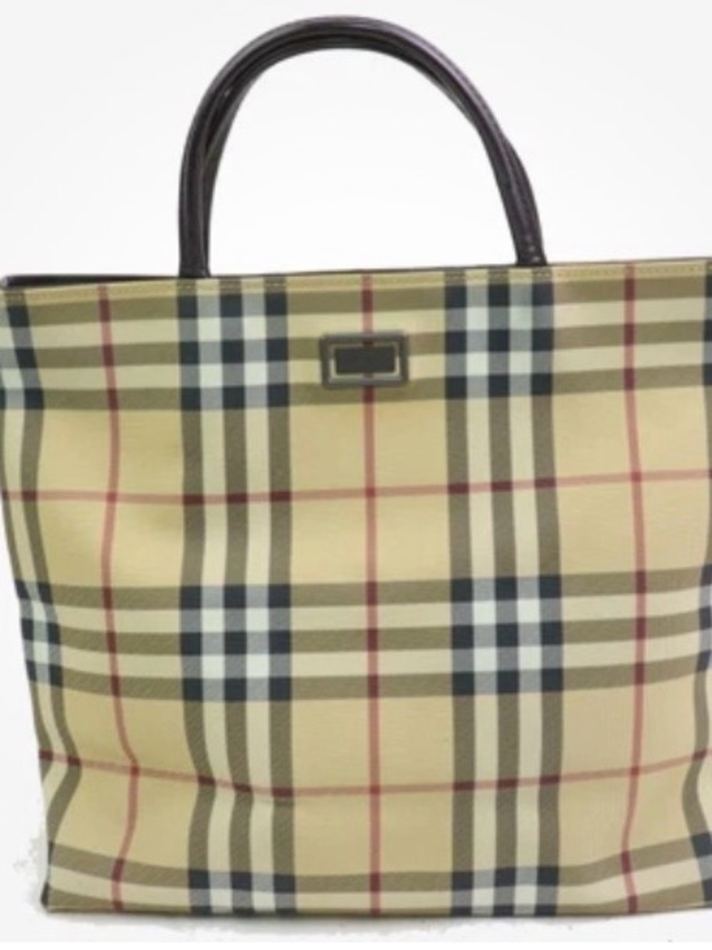 Burberry Beige Plaid Tote with Black Handles
